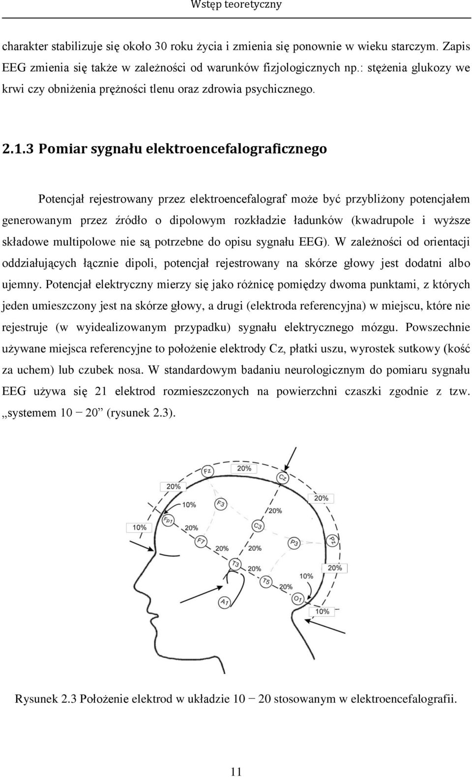 3 Pomiar sygnału elektroencefalograficznego Potencjał rejestrowany przez elektroencefalograf może być przybliżony potencjałem generowanym przez źródło o dipolowym rozkładzie ładunków (kwadrupole i