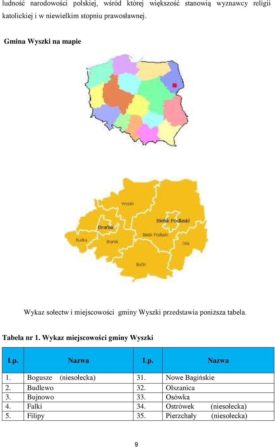 Gmina Wyszki na mapie Wykaz sołectw i miejscowości gminy Wyszki przedstawia poniższa tabela. Tabela nr 1.