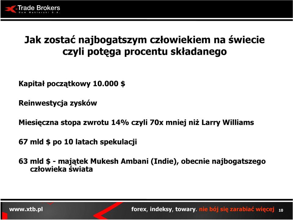 000 $ Reinwestycja zysków Miesięczna stopa zwrotu 14% czyli 70x mniej niŝ