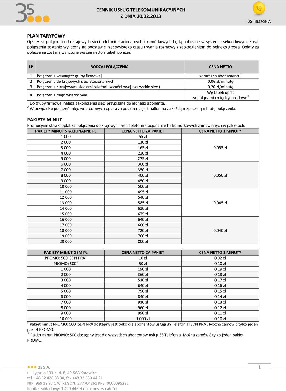 LP RODZAJ POŁĄCZENIA CENA NETTO 1 Połączenia wewnątrz grupy firmowej w ramach abonamentu 1 2 Połączenia do krajowych sieci stacjonarnych 0,06 zł/minutę 3 Połączenia z krajowymi sieciami telefonii