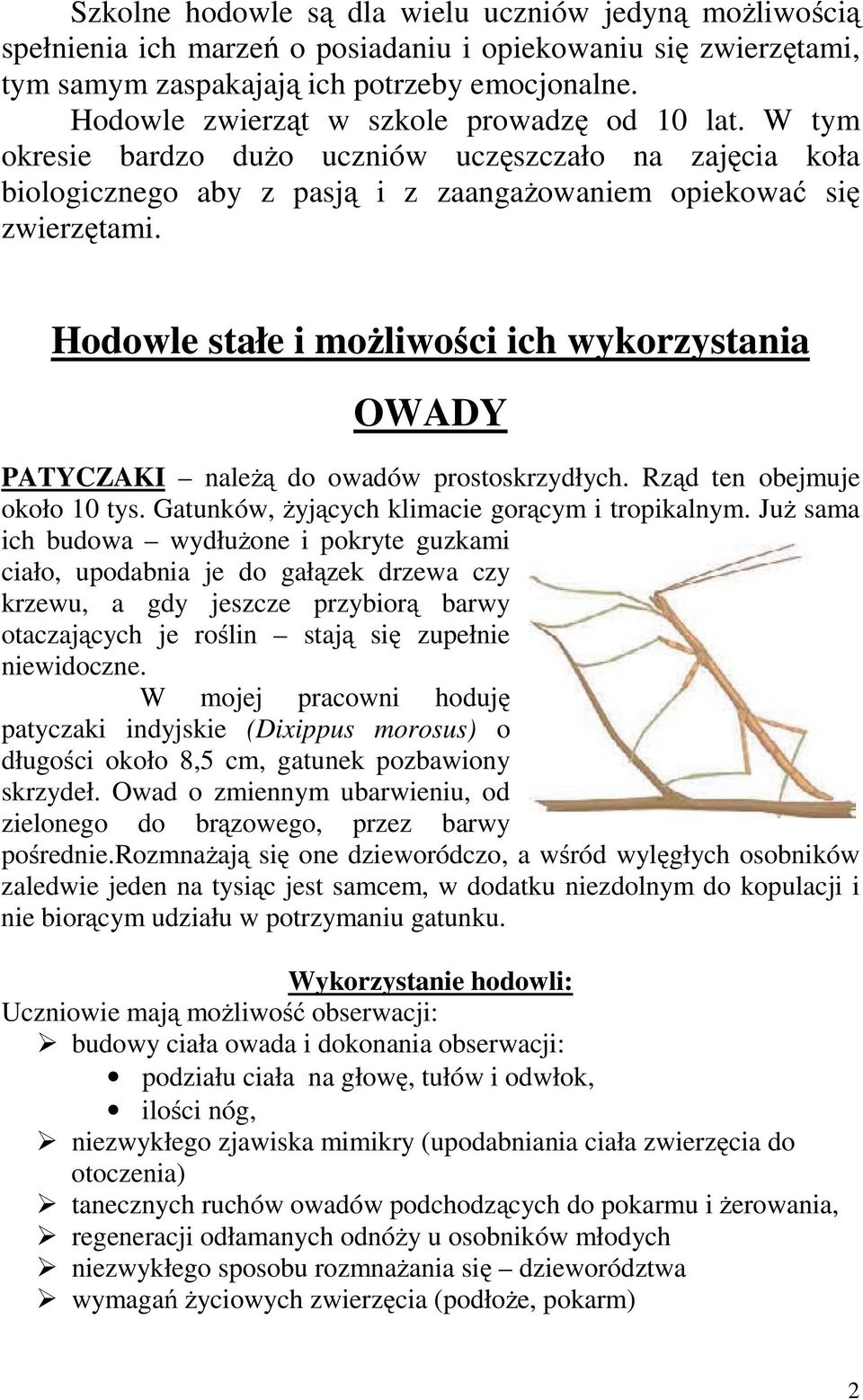 Hodowle stałe i możliwości ich wykorzystania OWADY PATYCZAKI należą do owadów prostoskrzydłych. Rząd ten obejmuje około 10 tys. Gatunków, żyjących klimacie gorącym i tropikalnym.