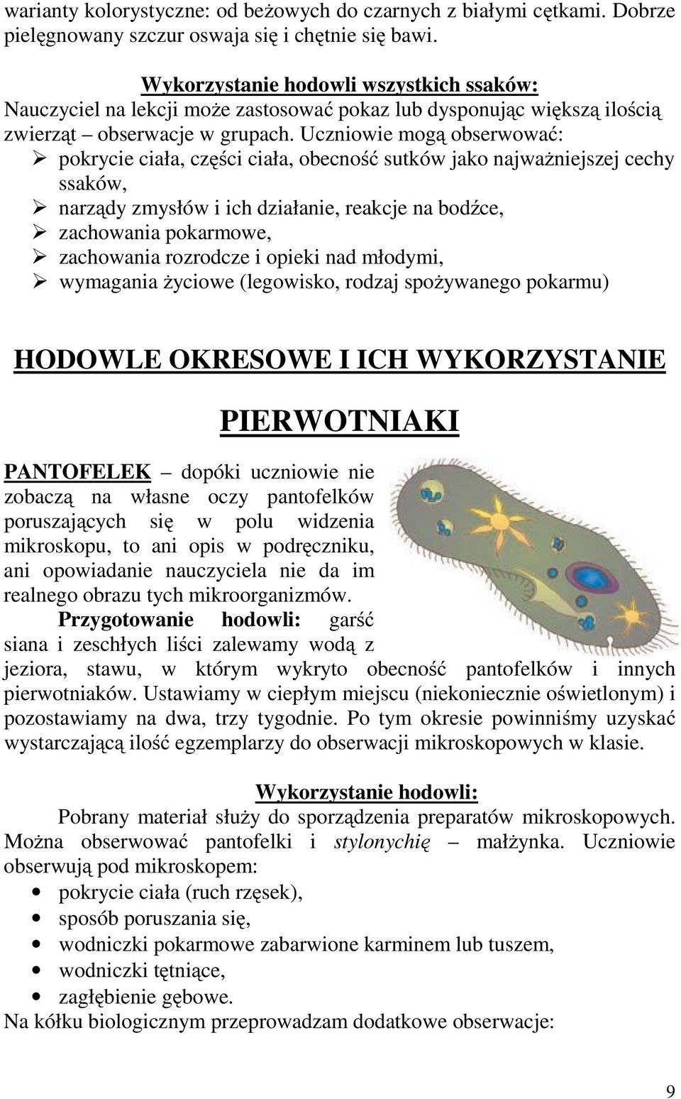 Uczniowie mogą obserwować: pokrycie ciała, części ciała, obecność sutków jako najważniejszej cechy ssaków, narządy zmysłów i ich działanie, reakcje na bodźce, zachowania pokarmowe, zachowania