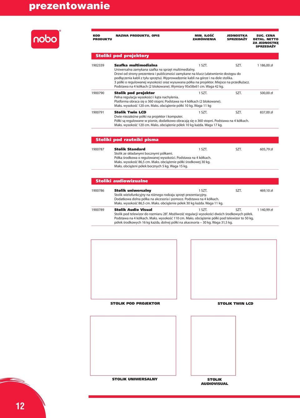 3 półki o regulowanej wysokości oraz wysuwana półka na projektor. Miejsce na przedłużacz. Podstawa na 4 kółkach (2 blokowane). Wymiary 95x58x61 cm. Waga 42 kg. 1900790 Stolik pod projektor 1 SZT.