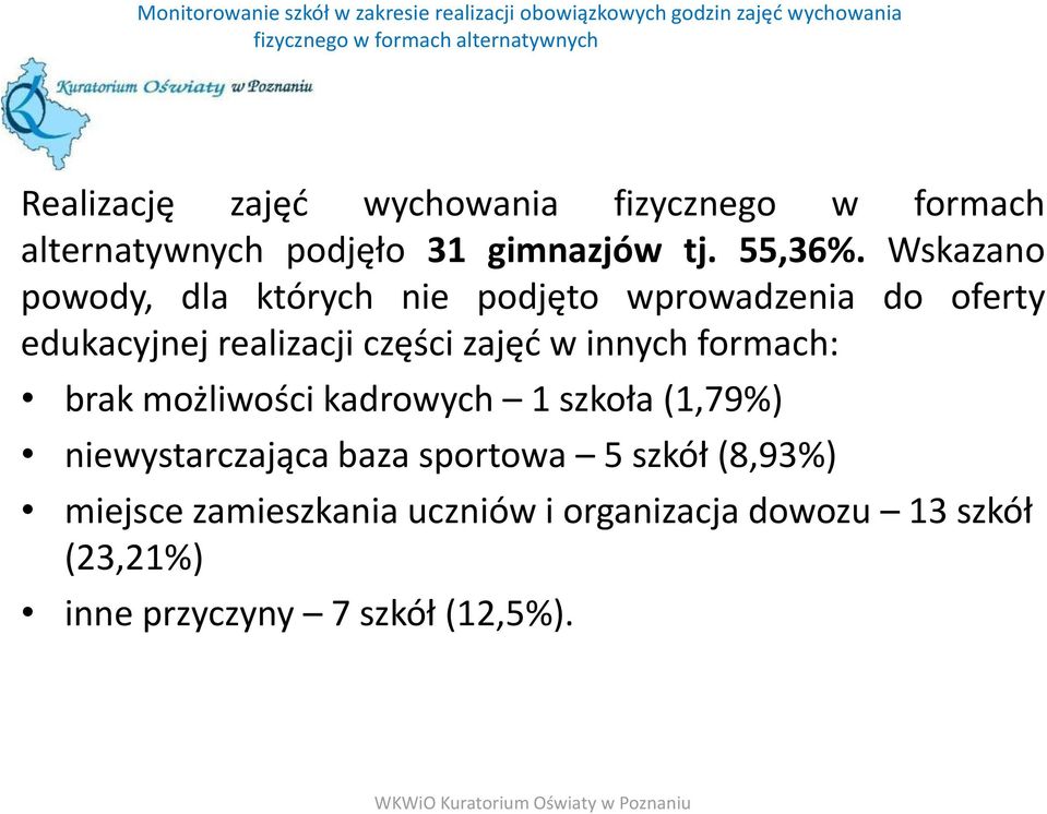 w innych formach: brak możliwości kadrowych 1 szkoła (1,79%) niewystarczająca baza sportowa 5 szkół