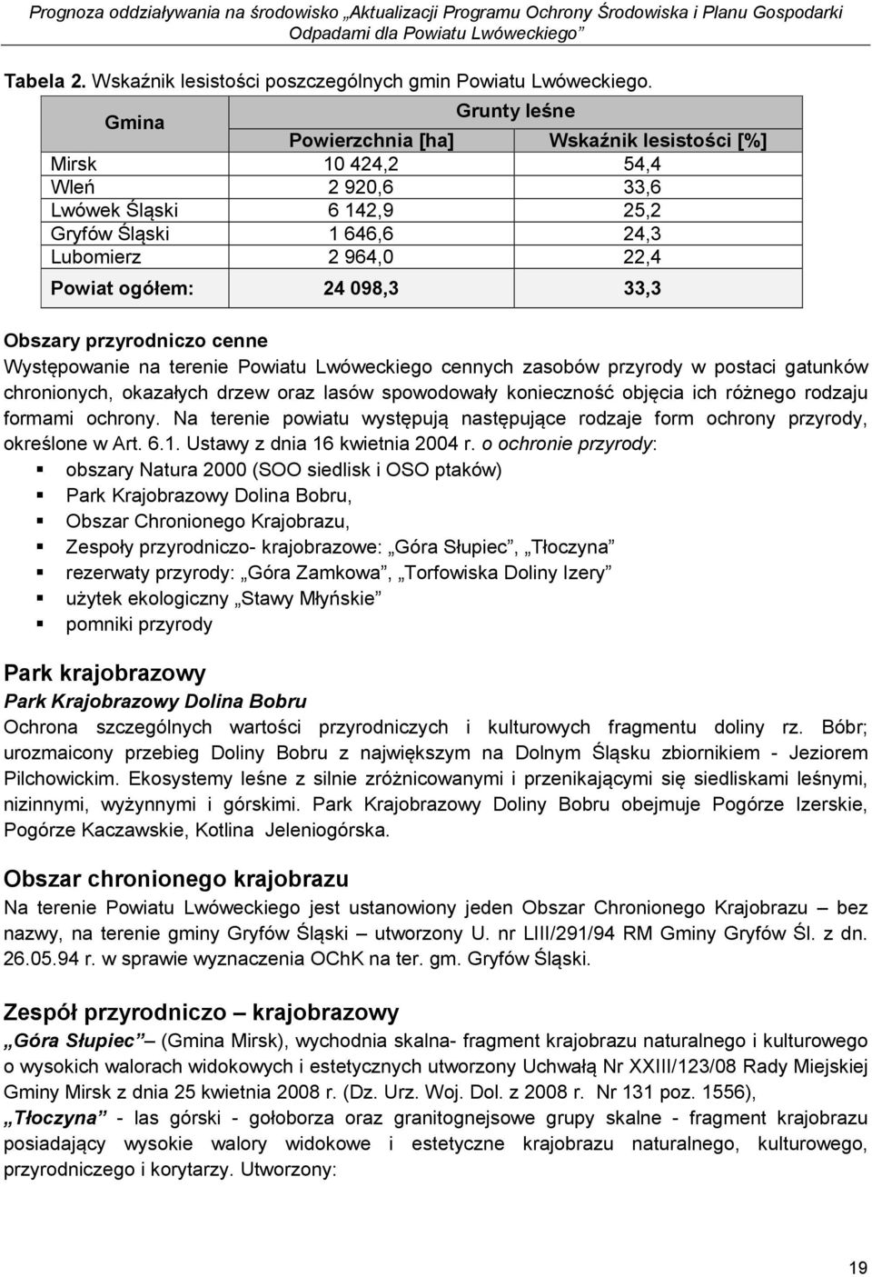 33,3 Obszary przyrodniczo cenne Występowanie na terenie Powiatu Lwóweckiego cennych zasobów przyrody w postaci gatunków chronionych, okazałych drzew oraz lasów spowodowały konieczność objęcia ich