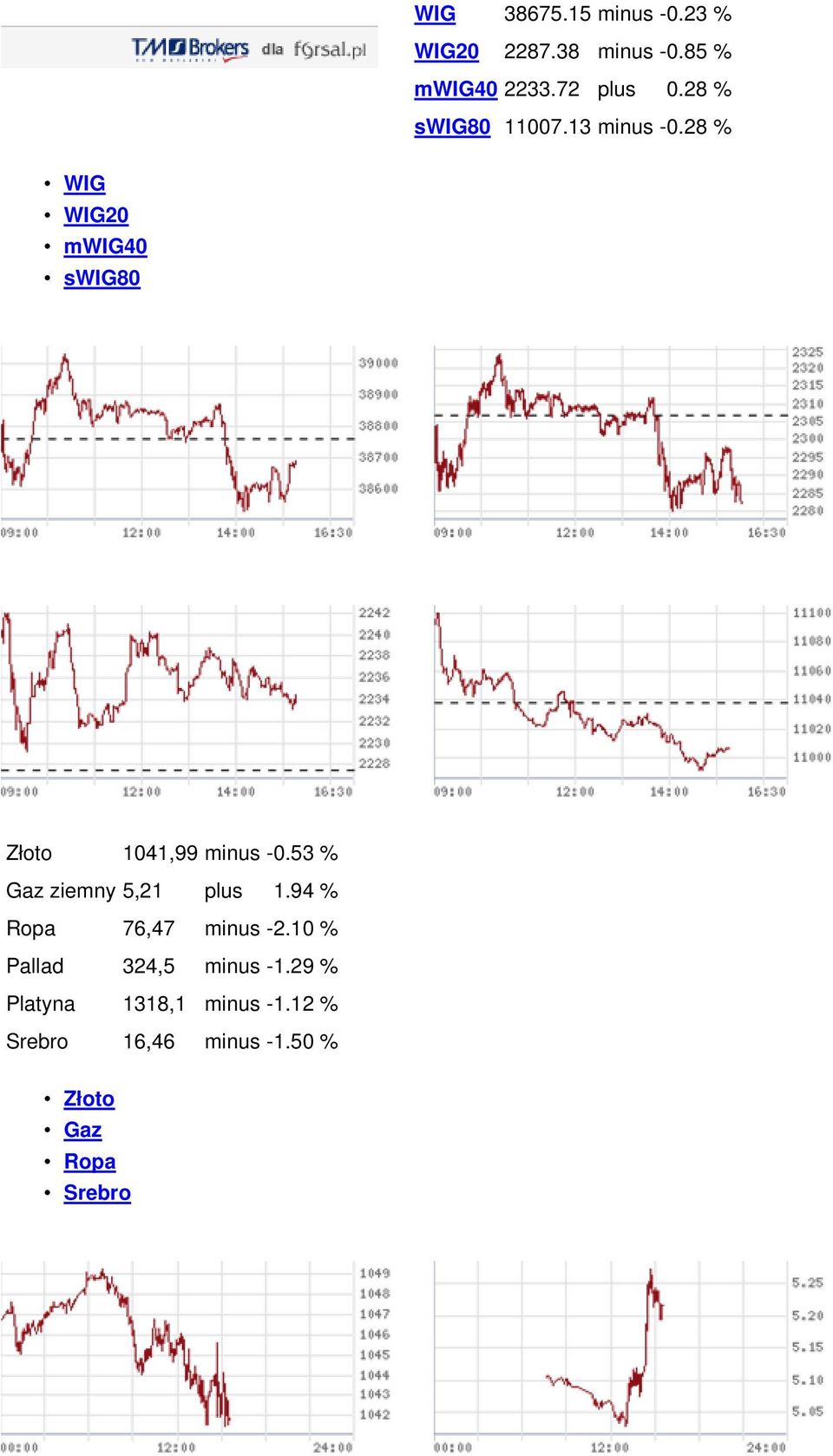 28 % WIG WIG20 mwig40 swig80 Złoto 1041,99 minus -0.53 % Gaz ziemny 5,21 plus 1.