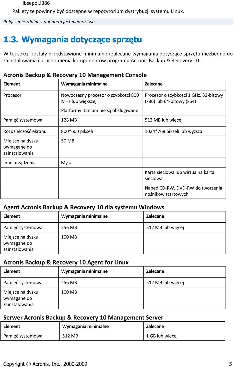 Wymagania dotyczące sprzętu W tej sekcji zostały przedstawione minimalne i zalecane wymagania dotyczące sprzętu niezbędne do zainstalowania i uruchomienia komponentów programu Acronis Backup &