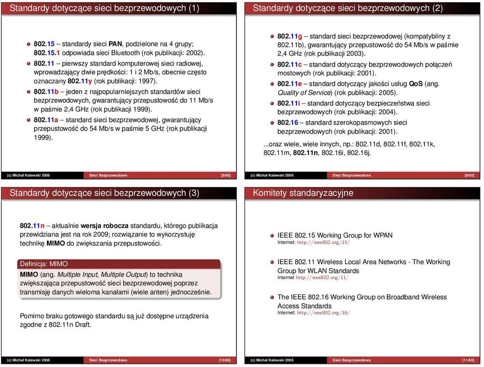 11y (rok publikacji: 1997). 802.11b jeden z najpopularniejszych standardów sieci bezprzewodowych, gwarantujacy przepustowość do 11 Mb/s w paśmie 2,4 GHz (rok publikacji 1999). 802.11a standard sieci bezprzewodowej, gwarantujacy przepustowość do 54 Mb/s w paśmie 5 GHz (rok publikacji 1999).