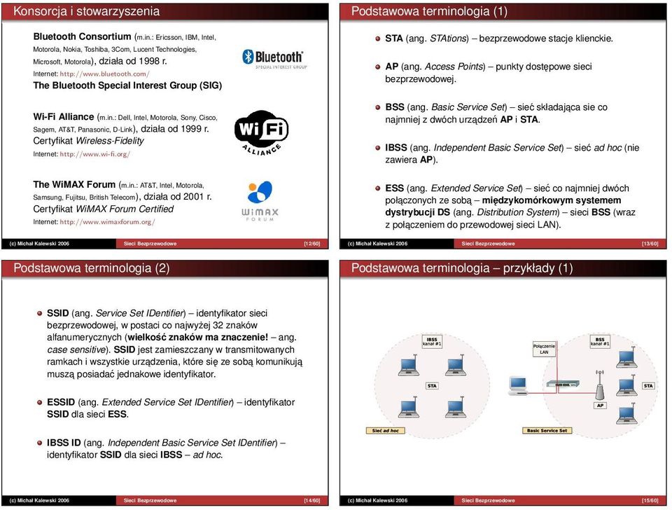 Certyfikat Wireless-Fidelity Internet: http://www.wi-fi.org/ The WiMAX Forum (m.in.: AT&T, Intel, Motorola, Samsung, Fujitsu, British Telecom), działa od 2001 r.