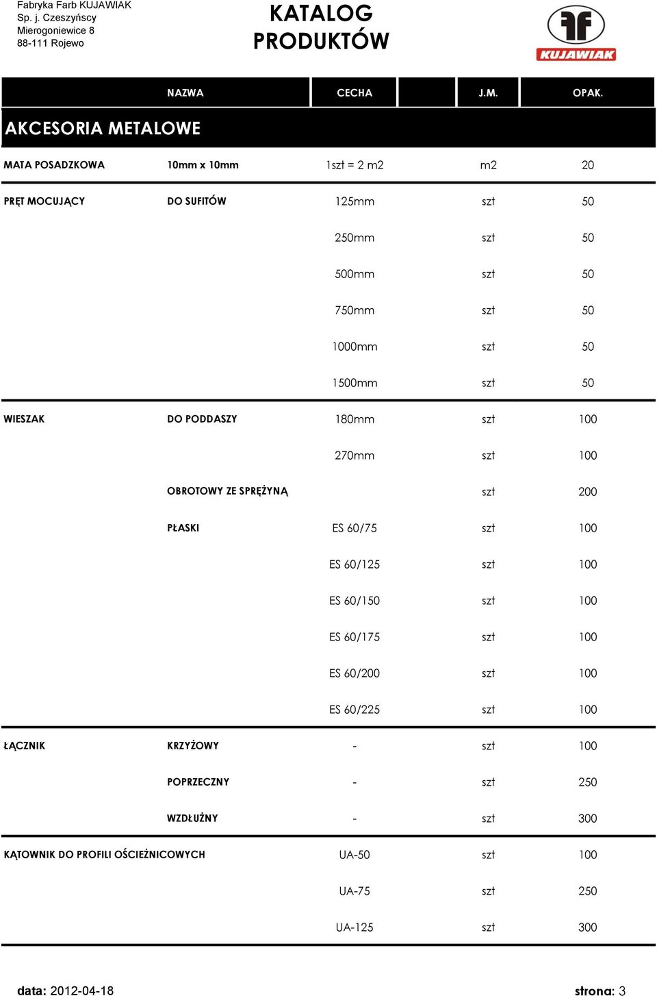 60/75 szt 100 ES 60/125 szt 100 ES 60/150 szt 100 ES 60/175 szt 100 ES 60/200 szt 100 ES 60/225 szt 100 ŁĄCZNIK KRZYŻOWY - szt 100