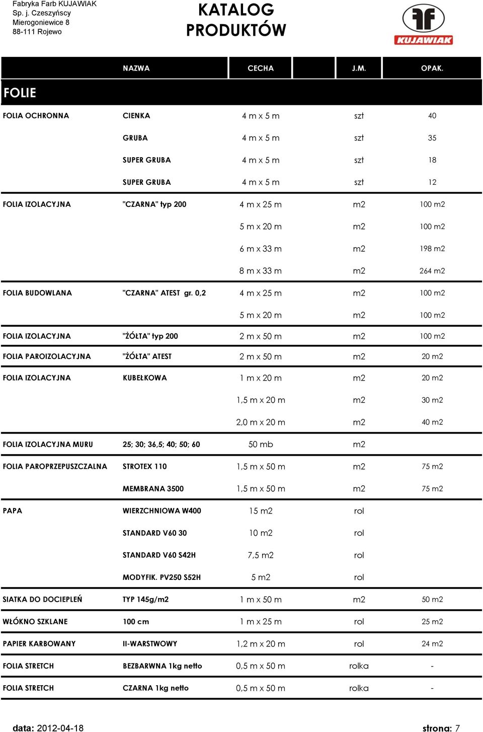 0,2 4 m x 25 m m2 100 m2 5 m x 20 m m2 100 m2 FOLIA IZOLACYJNA "ŻÓŁTA" typ 200 2 m x 50 m m2 100 m2 FOLIA PAROIZOLACYJNA "ŻÓŁTA" ATEST 2 m x 50 m m2 20 m2 FOLIA IZOLACYJNA KUBEŁKOWA 1 m x 20 m m2 20