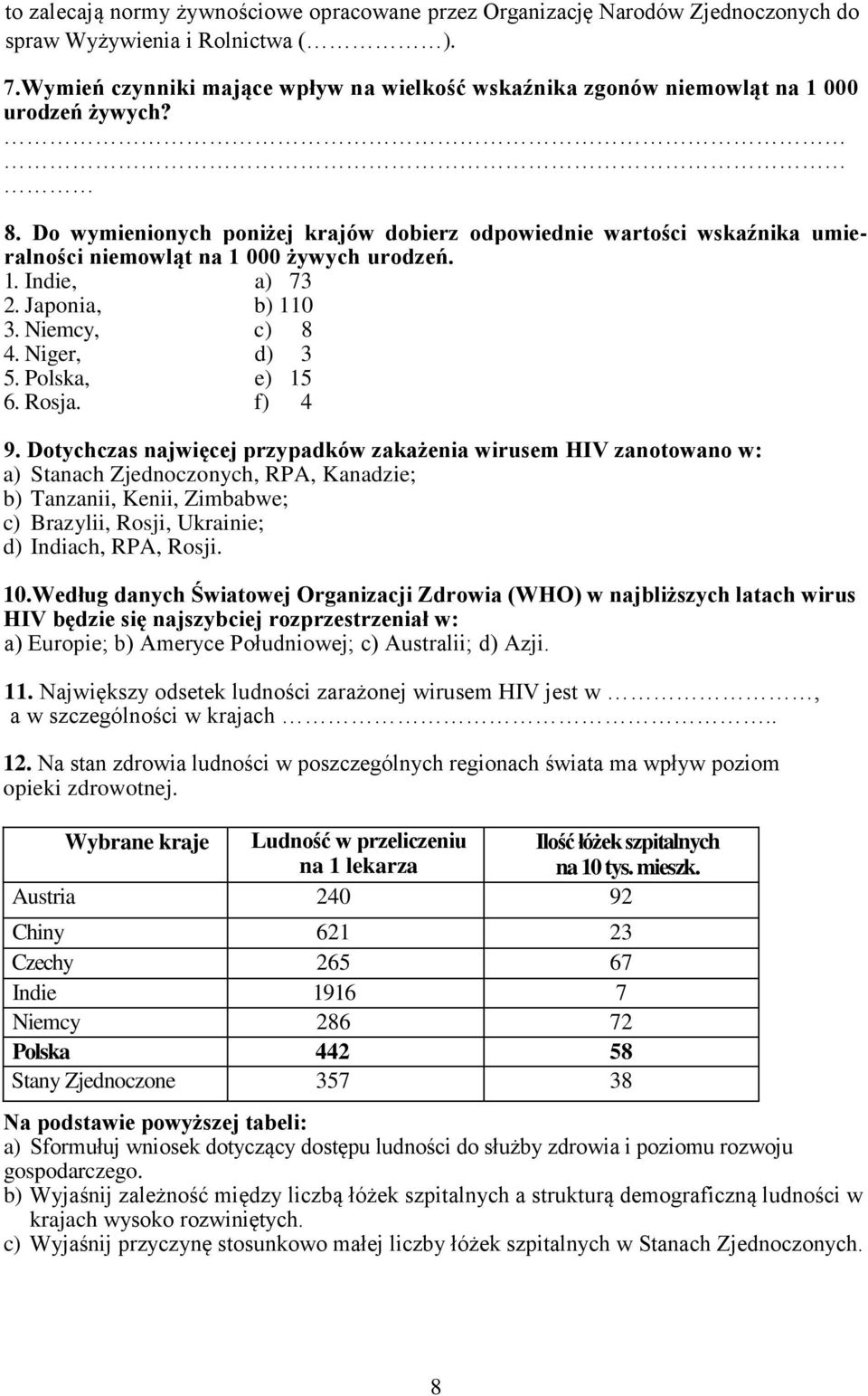 Do wymienionych poniżej krajów dobierz odpowiednie wartości wskaźnika umieralności niemowląt na 1 000 żywych urodzeń. 1. Indie, a) 73 2. Japonia, b) 110 3. Niemcy, c) 8 4. Niger, d) 3 5.