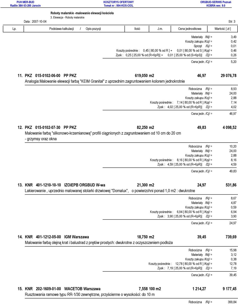 PKZ 015-0102-06-00 PP PKZ 619,050 m2 46,97 29 076,78 Analogia:Malowanie elewacji farbą "KEIM Granital" z uprzednim zagruntowaniem kolorem jednokrotnie Robocizna /Rj/ = 8,93 Materiały /Mj/ = 24,00