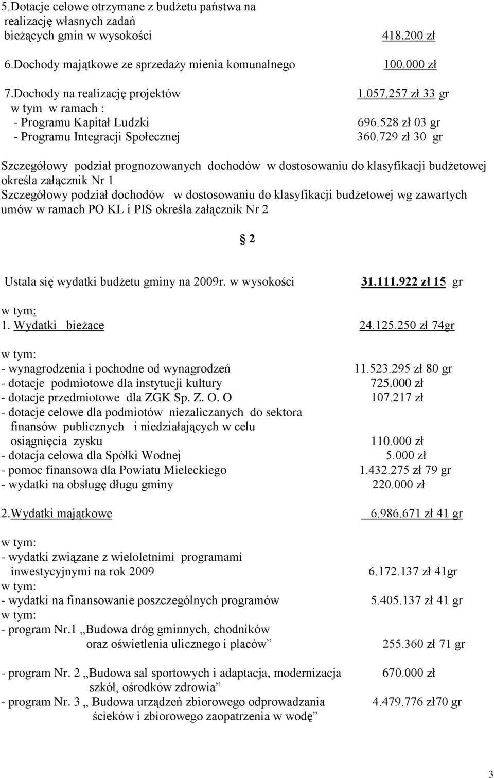 729 zł 30 gr Szczegółowy podział prognozowanych dochodów w dostosowaniu do klasyfikacji budżetowej określa załącznik Nr 1 Szczegółowy podział dochodów w dostosowaniu do klasyfikacji budżetowej wg