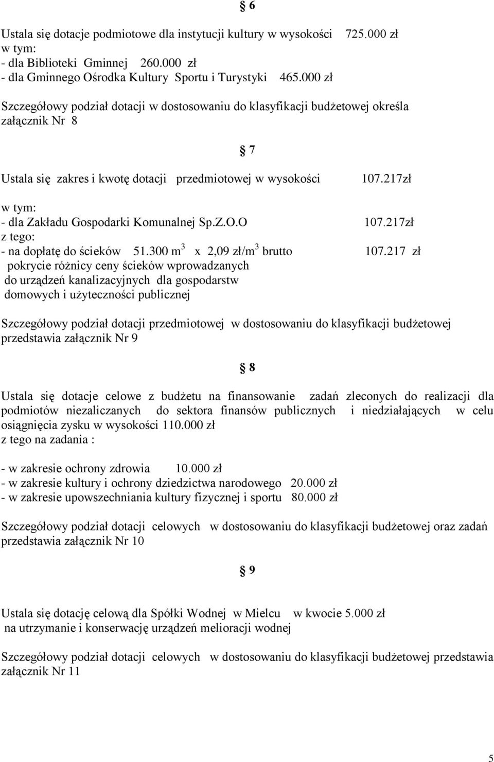 217zł w tym: - dla Zakładu Gospodarki Komunalnej Sp.Z.O.O 107.217zł z tego: - na dopłatę do ścieków 51.300 m 3 x 2,09 zł/m 3 brutto 107.