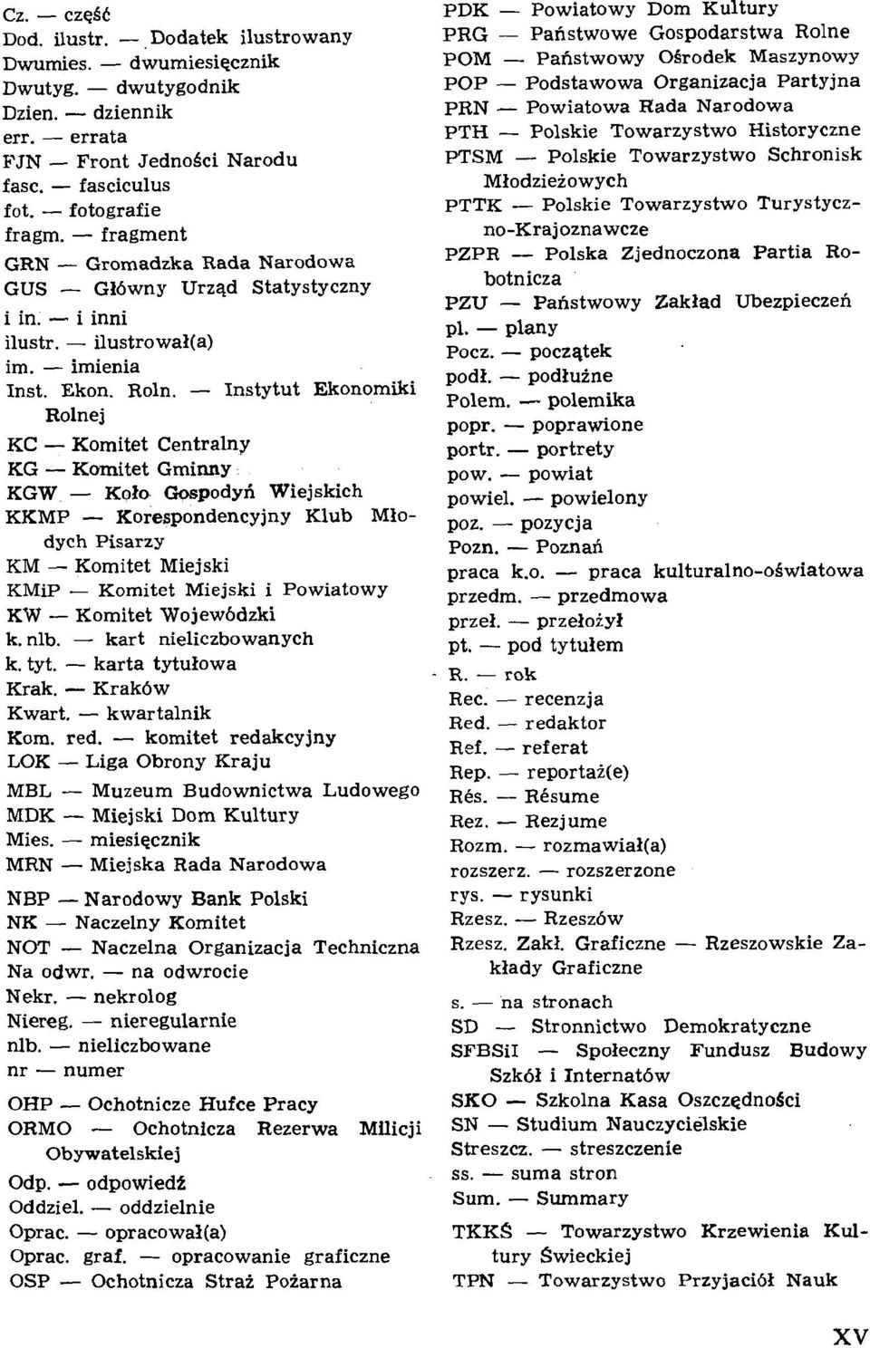 - Instytut Ekonomiki Rolnej KC - Komitet Centralny KG - Kmnitet Gminny KGW - Kolo- Gospodyli Wiejskich KKMP - Korespondencyjny Klub Mlodych Pisarzy KM - Komitet Miejski KMiP - Komitet Miejski i