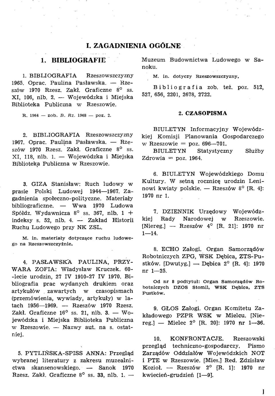 2. 2. CZASOPISMA 2. BIBLIOGRAFIA Rzeszowszczyzny 1967. Oprac. Paulina Paslawska. - Rzeszdw 1970 Rzesz. Zakl. Graficzne 8' ss. XI, 118, nlb. 1. - Wojewddzka i Miejska Biblioteka Publiczna w Rzeszowie.