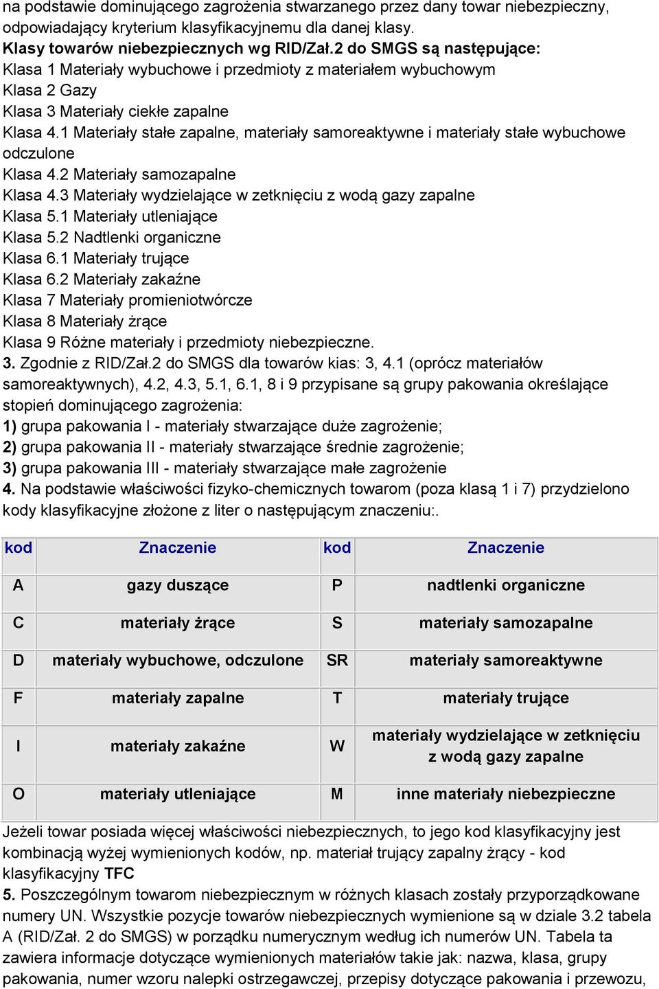 1 Materiały stałe zapalne, materiały samoreaktywne i materiały stałe wybuchowe odczulone Klasa 4.2 Materiały samozapalne Klasa 4.3 Materiały wydzielające w zetknięciu z wodą gazy zapalne Klasa 5.