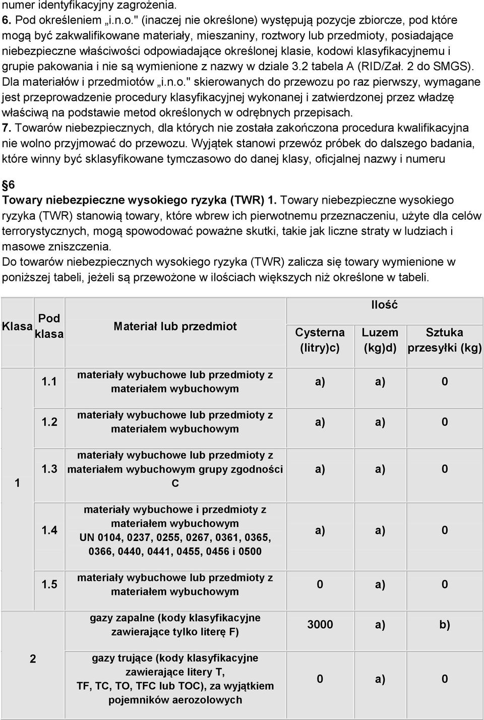 określeniem i.n.o." (inaczej nie określone) występują pozycje zbiorcze, pod które mogą być zakwalifikowane materiały, mieszaniny, roztwory lub przedmioty, posiadające niebezpieczne właściwości