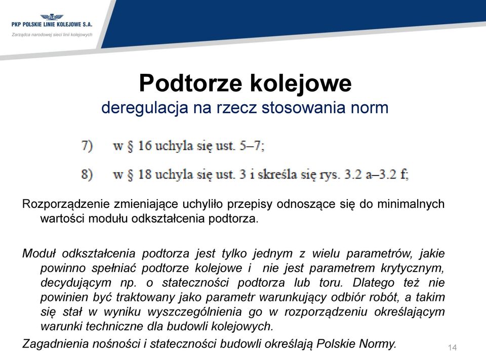 Moduł odkształcenia podtorza jest tylko jednym z wielu parametrów, jakie powinno spełniać podtorze kolejowe i nie jest parametrem krytycznym, decydującym np.