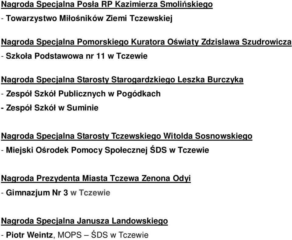 w Pogódkach - Zespół Szkół w Suminie Nagroda Specjalna Starosty Tczewskiego Witolda Sosnowskiego - Miejski Ośrodek Pomocy Społecznej ŚDS w