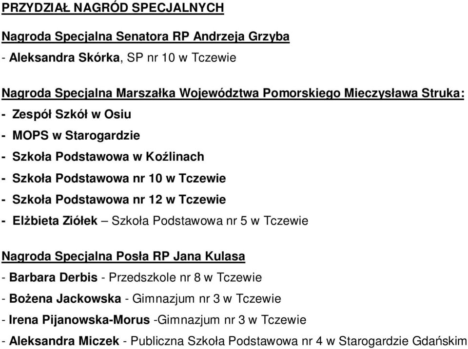 Podstawowa nr 12 w Tczewie - ElŜbieta Ziółek Szkoła Podstawowa nr 5 w Tczewie Nagroda Specjalna Posła RP Jana Kulasa - Barbara Derbis - Przedszkole nr 8 w