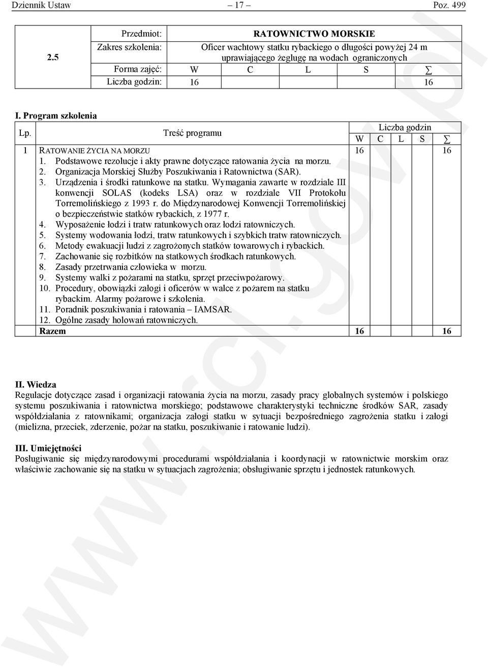 Podstawowe rezolucje i akty prawne dotyczące ratowania życia na morzu. 2. Organizacja Morskiej Służby Poszukiwania i Ratownictwa (SAR). 3. Urządzenia i środki ratunkowe na statku.