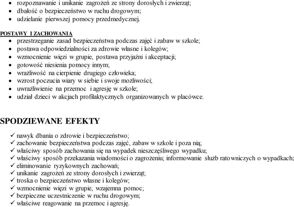 akceptacji; gotowość niesienia pomocy innym; wrażliwość na cierpienie drugiego człowieka; wzrost poczucia wiary w siebie i swoje możliwości; uwrażliwienie na przemoc i agresję w szkole; udział dzieci