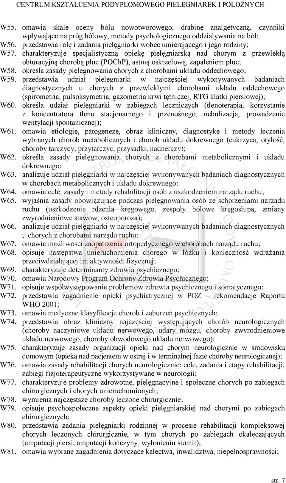 charakteryzuje specjalistyczną opiekę pielęgniarską nad chorym z przewlekłą obturacyjną chorobą płuc (POChP), astmą oskrzelową, zapaleniem płuc; W58.