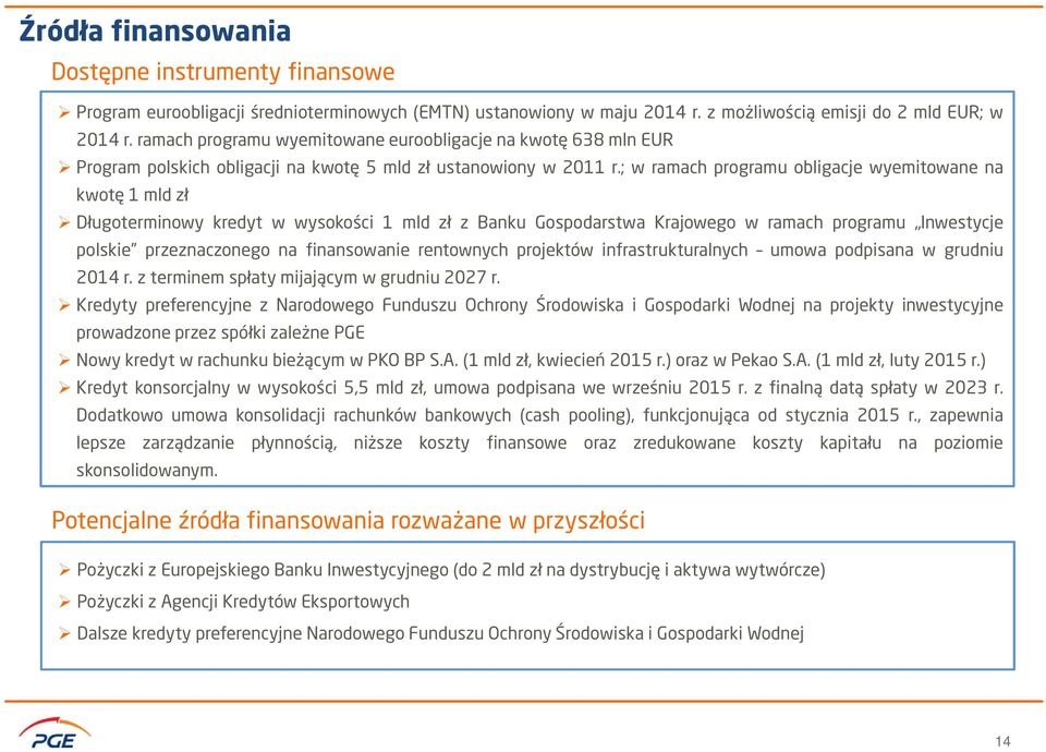 ; w ramach programu obligacje wyemitowane na kwotę 1 mld zł Długoterminowy kredyt w wysokości 1 mld zł z Banku Gospodarstwa Krajowego w ramach programu Inwestycje polskie przeznaczonego na