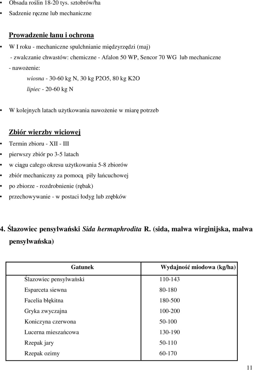 mechaniczne - nawoŝenie: wiosna - 30-60 kg N, 30 kg P2O5, 80 kg K2O lipiec - 20-60 kg N W kolejnych latach uŝytkowania nawoŝenie w miarę potrzeb Zbiór wierzby wiciowej Termin zbioru - XII - III