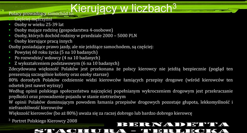 (4 na 10 badanych) Z wykształceniem podstawowym (6 na 10 badanych) Zdecydowana większość Polaków jest przekonana że polscy kierowcy nie jeżdżą bezpiecznie (pogląd ten prezentują szczególnie kobiety