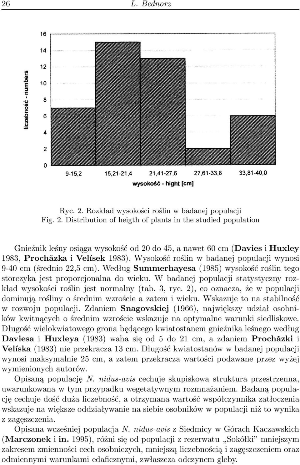 W badanej populacji statystyczny rozkład wysokości roślin jest normalny(tab. 3, ryc. 2), co oznacza, że w populacji dominują rośliny o średnim wzroście a zatem i wieku.