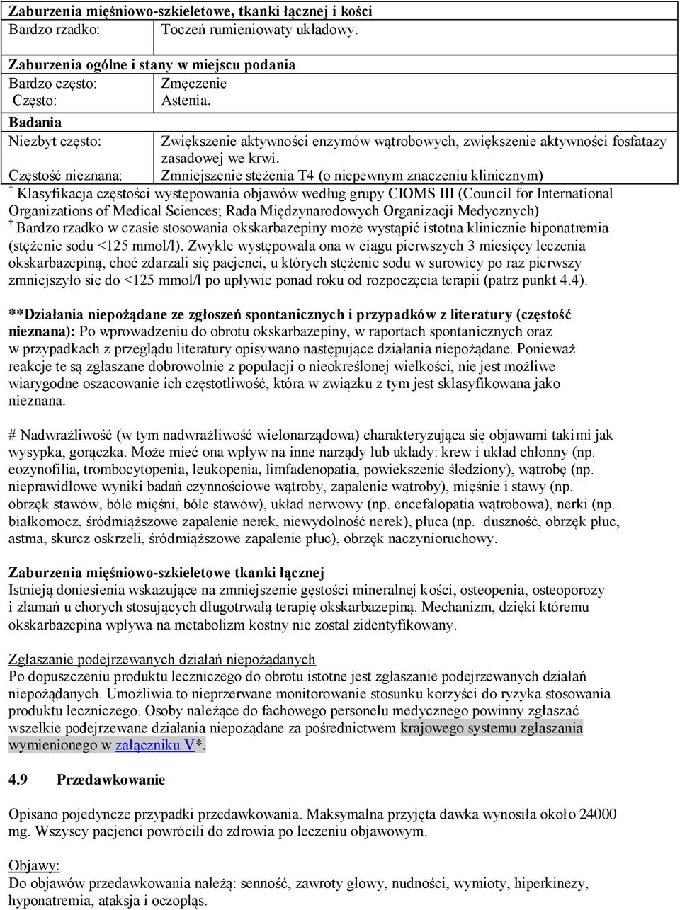 Zmniejszenie stężenia T4 (o niepewnym znaczeniu klinicznym) Częstość nieznana: * Klasyfikacja częstości występowania objawów według grupy CIOMS III (Council for International Organizations of Medical