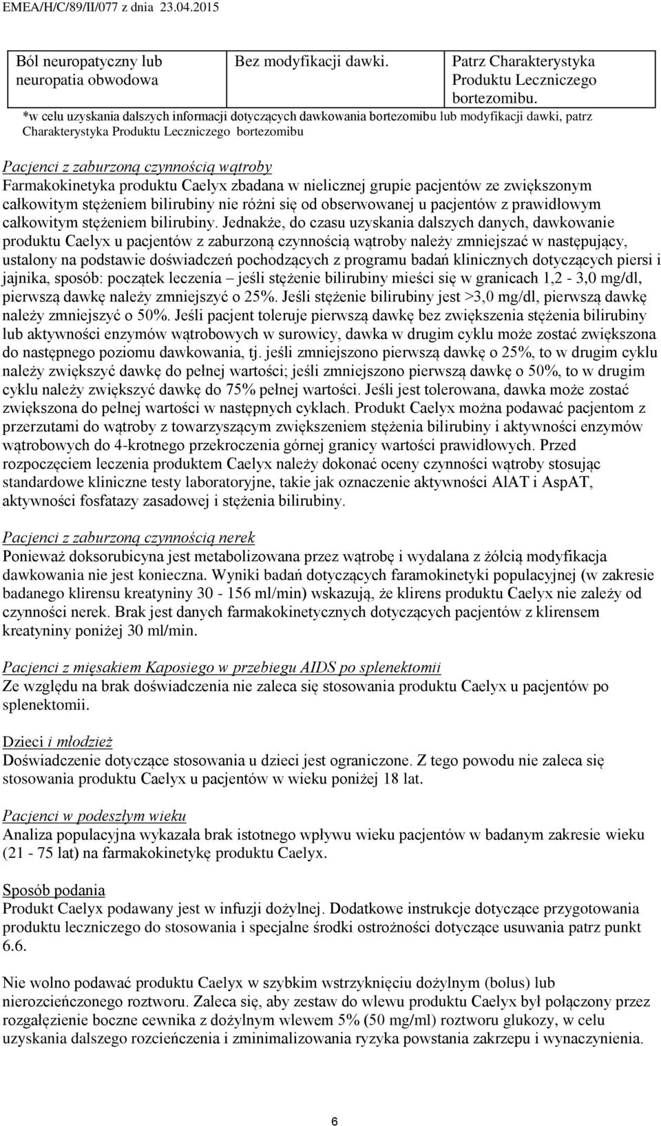 Farmakokinetyka produktu Caelyx zbadana w nielicznej grupie pacjentów ze zwiększonym całkowitym stężeniem bilirubiny nie różni się od obserwowanej u pacjentów z prawidłowym całkowitym stężeniem