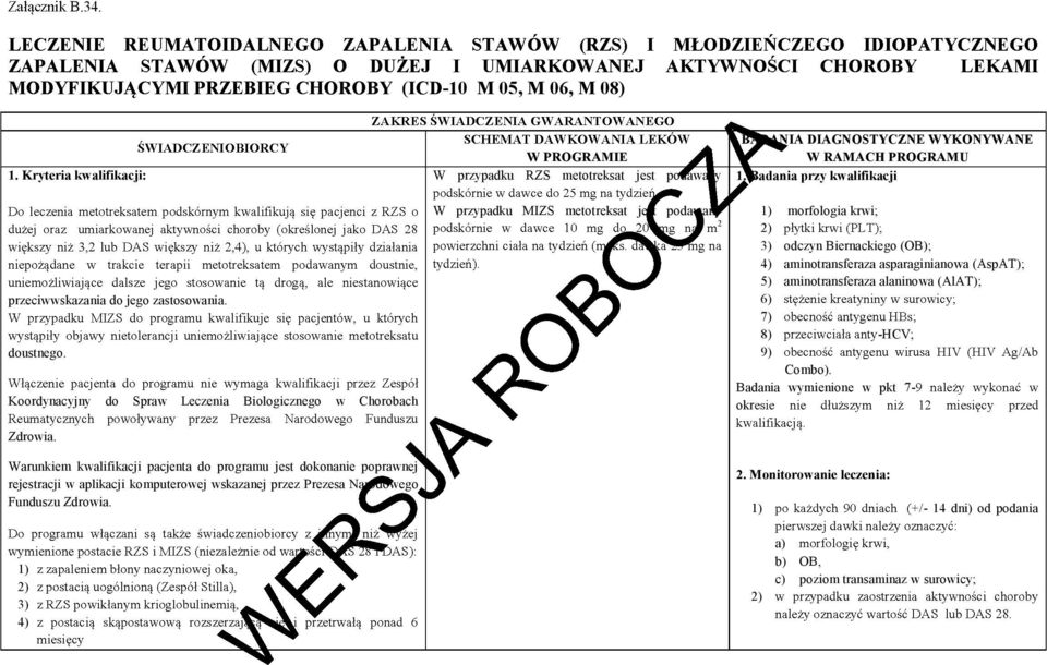 Koordynacyjny do Spraw Leczenia Biologicznego w Chorobach W przypadku MIZS metotreksat jest podawany 2 morfologia krwi; odczyn Biernackiego (OB); aminotransferaza asparaginianowa (AspAT); 5)