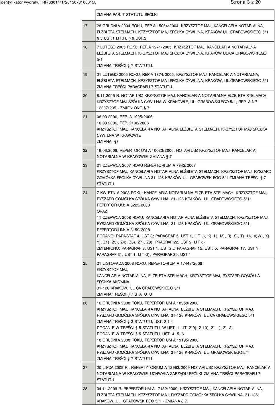 A 1271/2005, KRZYSZTOF MAJ, KANCELARIA NOTARIALNA ELŻBIETA STELMACH, KRZYSZTOF MAJ SPÓŁKA CYWILNA, KRAKÓW ULICA GRABOWSKIEGO 5/1 ZMIANA TREŚCI 7 STATUTU. 19 21 LUTEGO 2005 ROKU, REP.