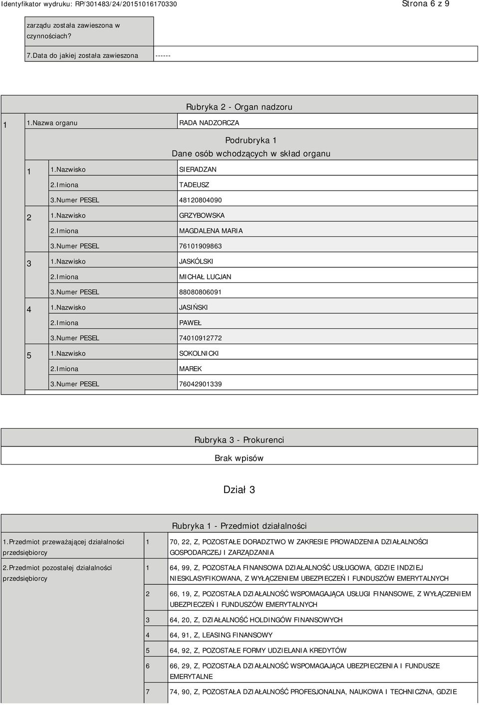 Numer PESEL 76101909863 3 1.Nazwisko JASKÓLSKI MICHAŁ LUCJAN 3.Numer PESEL 88080806091 4 1.Nazwisko JASIŃSKI PAWEŁ 3.Numer PESEL 74010912772 5 1.Nazwisko SOKOLNICKI MAREK 3.