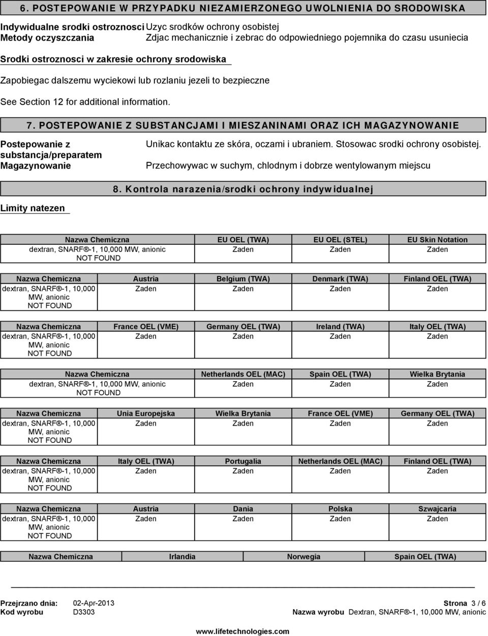 POSTEPOWANIE Z SUBSTANCJAMI I MIESZANINAMI ORAZ ICH MAGAZYNOWANIE Postepowanie z substancja/preparatem Magazynowanie Unikac kontaktu ze skóra, oczami i ubraniem. Stosowac srodki ochrony osobistej.