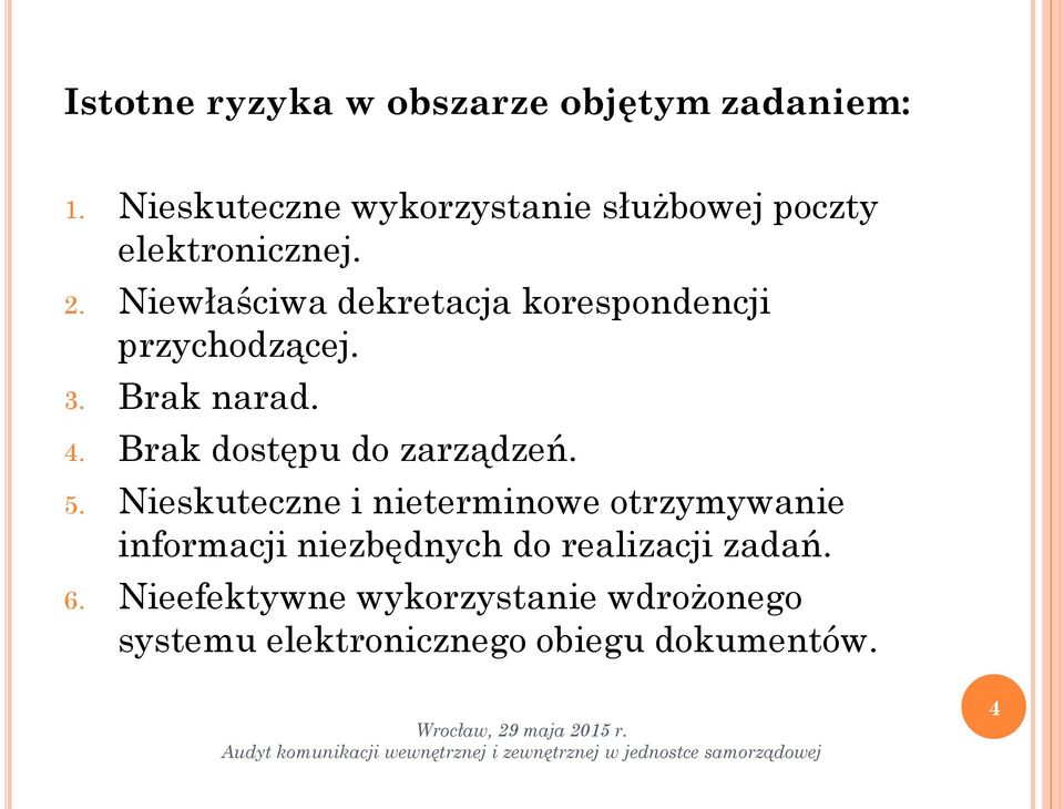 Niewłaściwa dekretacja korespondencji przychodzącej. 3. Brak narad. 4.