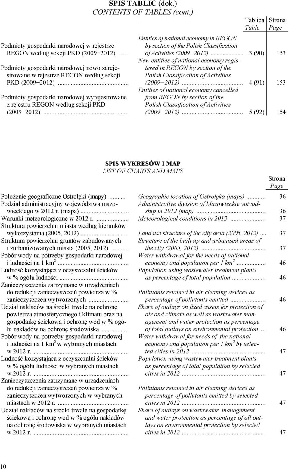 ) Tablica Table Strona Page Entities of national economy in REGON by section of the Polish Classification of Activities (2009 2012).