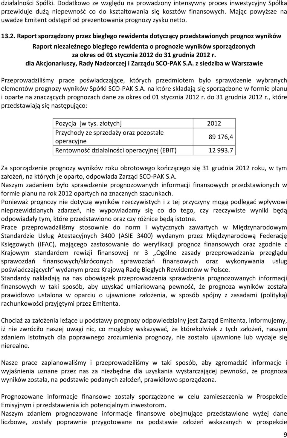 Raport sporządzony przez biegłego rewidenta dotyczący przedstawionych prognoz wyników Raport niezależnego biegłego rewidenta o prognozie wyników sporządzonych za okres od 01 stycznia 2012 do 31