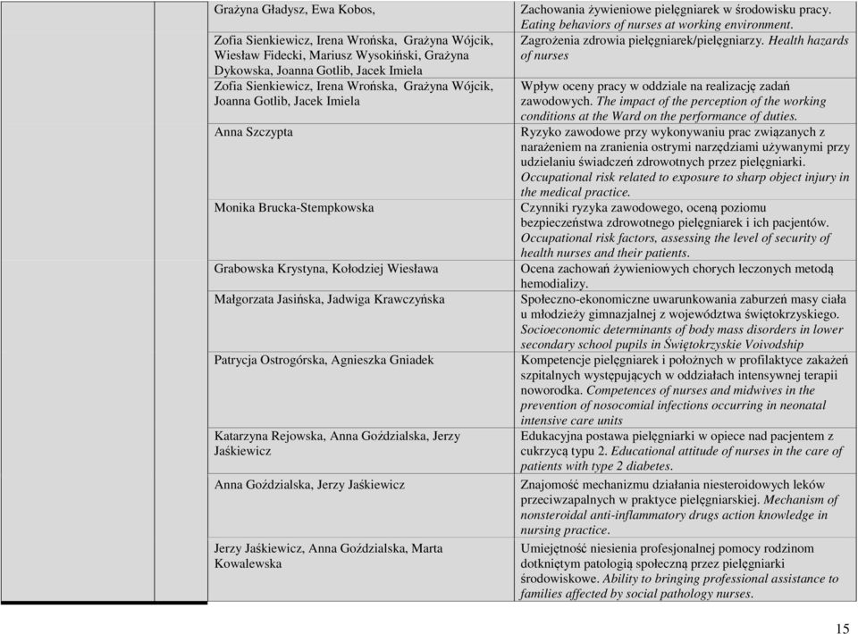 Gniadek Katarzyna Rejowska, Anna Goździalska, Jerzy Jaśkiewicz Anna Goździalska, Jerzy Jaśkiewicz Jerzy Jaśkiewicz, Anna Goździalska, Marta Kowalewska Zachowania żywieniowe pielęgniarek w środowisku