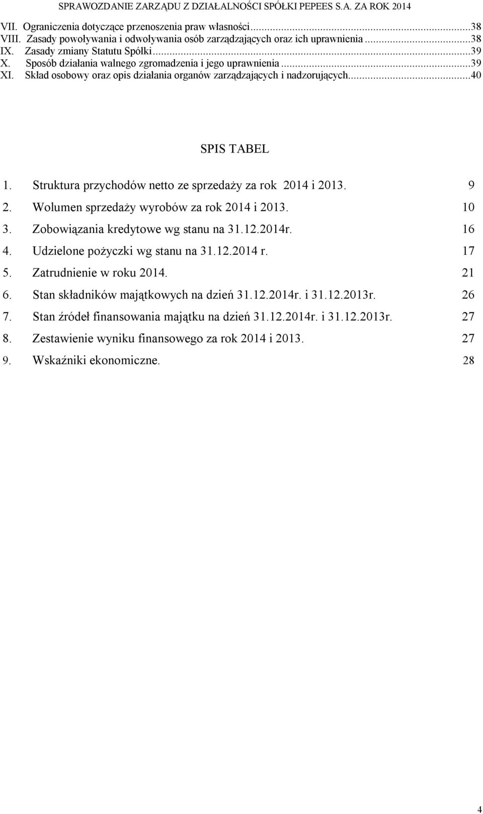 Struktura przychodów netto ze sprzedaży za rok 2014 i 2013. 9 2. Wolumen sprzedaży wyrobów za rok 2014 i 2013. 10 3. Zobowiązania kredytowe wg stanu na 31.12.2014r. 16 4.