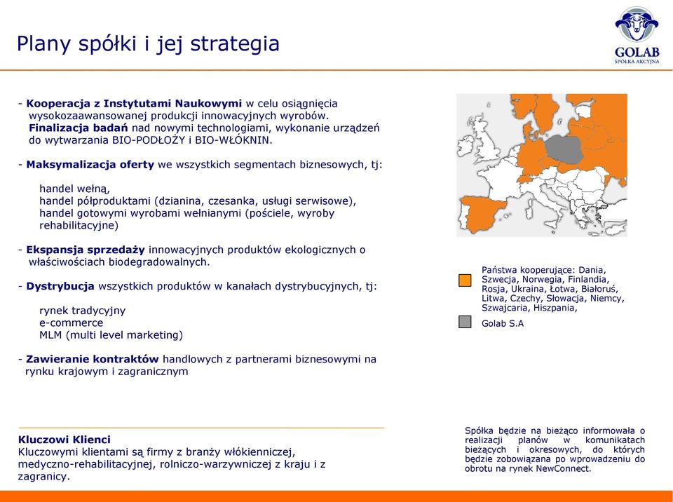 - Maksymalizacja oferty we wszystkich segmentach biznesowych, tj: handel wełną, handel półproduktami (dzianina, czesanka, usługi serwisowe), handel gotowymi wyrobami wełnianymi (pościele, wyroby