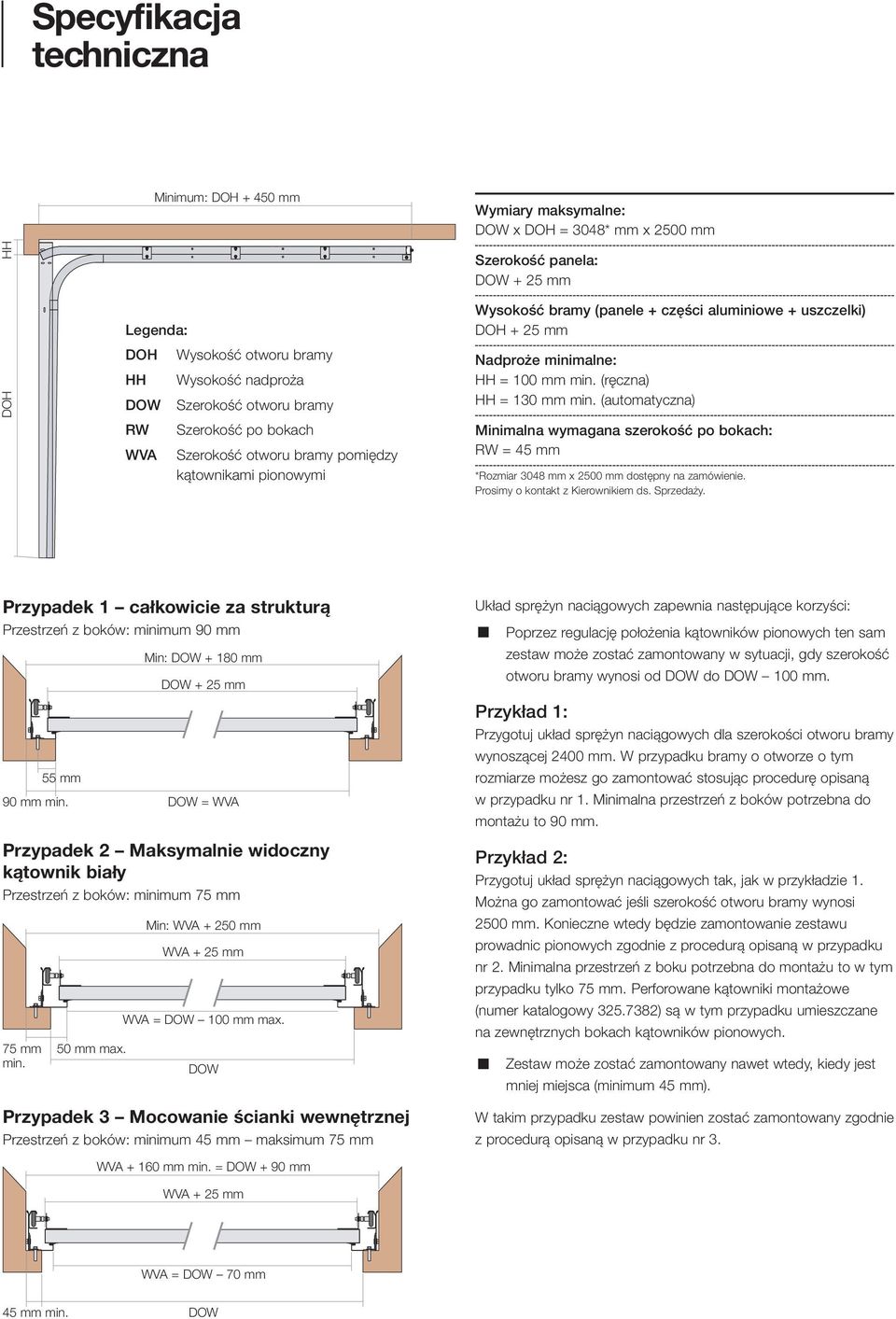 mm min. (ręczna) HH = 130 mm min. (automatyczna) Minimalna wymagana szerokość po bokach: RW = 45 mm *Rozmiar 3048 mm x 2500 mm dostępny na zamówienie. Prosimy o kontakt z Kierownikiem ds. Sprzedaży.