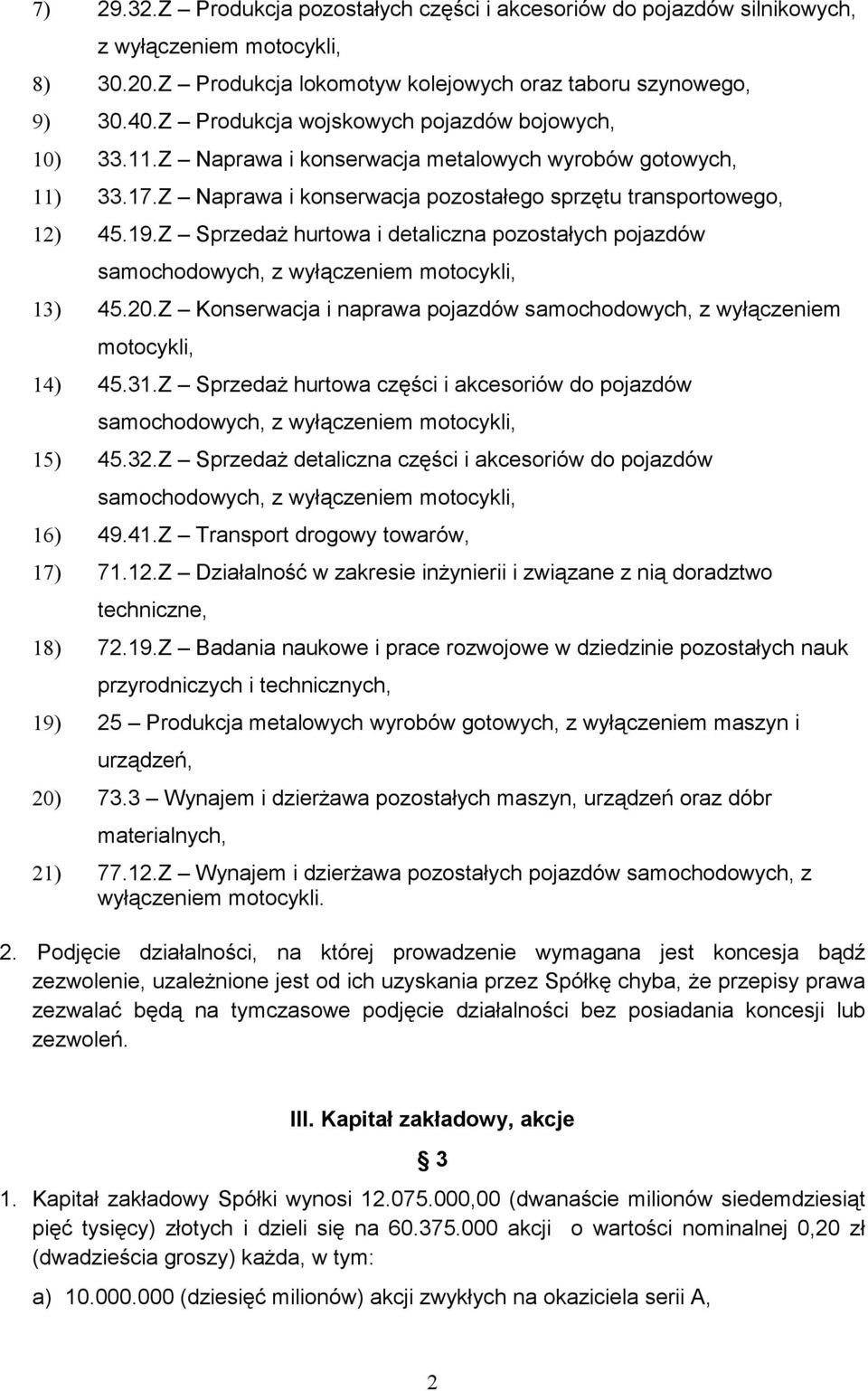 Z SprzedaŜ hurtowa i detaliczna pozostałych pojazdów samochodowych, z wyłączeniem motocykli, 13) 45.20.Z Konserwacja i naprawa pojazdów samochodowych, z wyłączeniem motocykli, 14) 45.31.