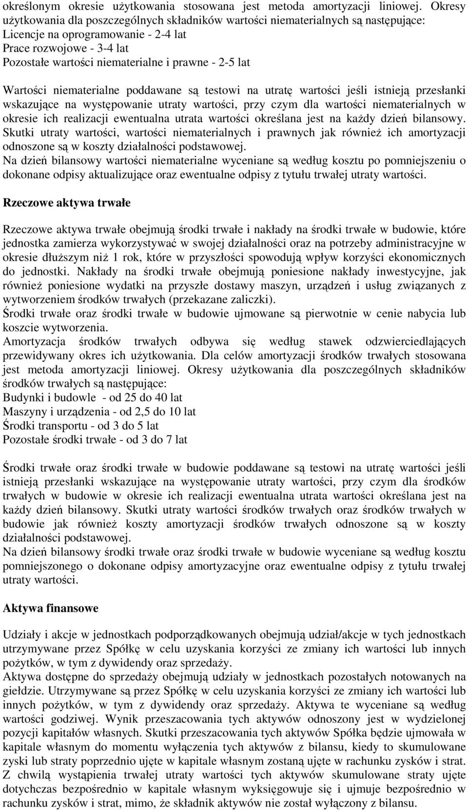 2-5 lat Wartości niematerialne poddawane są testowi na utratę wartości jeśli istnieją przesłanki wskazujące na występowanie utraty wartości, przy czym dla wartości niematerialnych w okresie ich