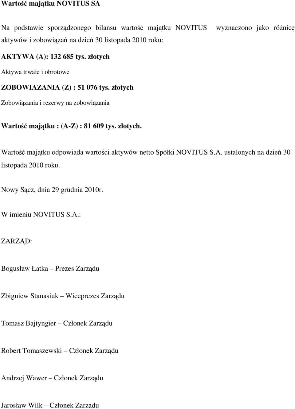 A. ustalonych na dzień 30 listopada 2010 roku. Nowy Sącz, dnia 29 grudnia 2010r. W imieniu NOVITUS S.A.: ZARZĄD: Bogusław Łatka Prezes Zarządu Zbigniew Stanasiuk Wiceprezes Zarządu