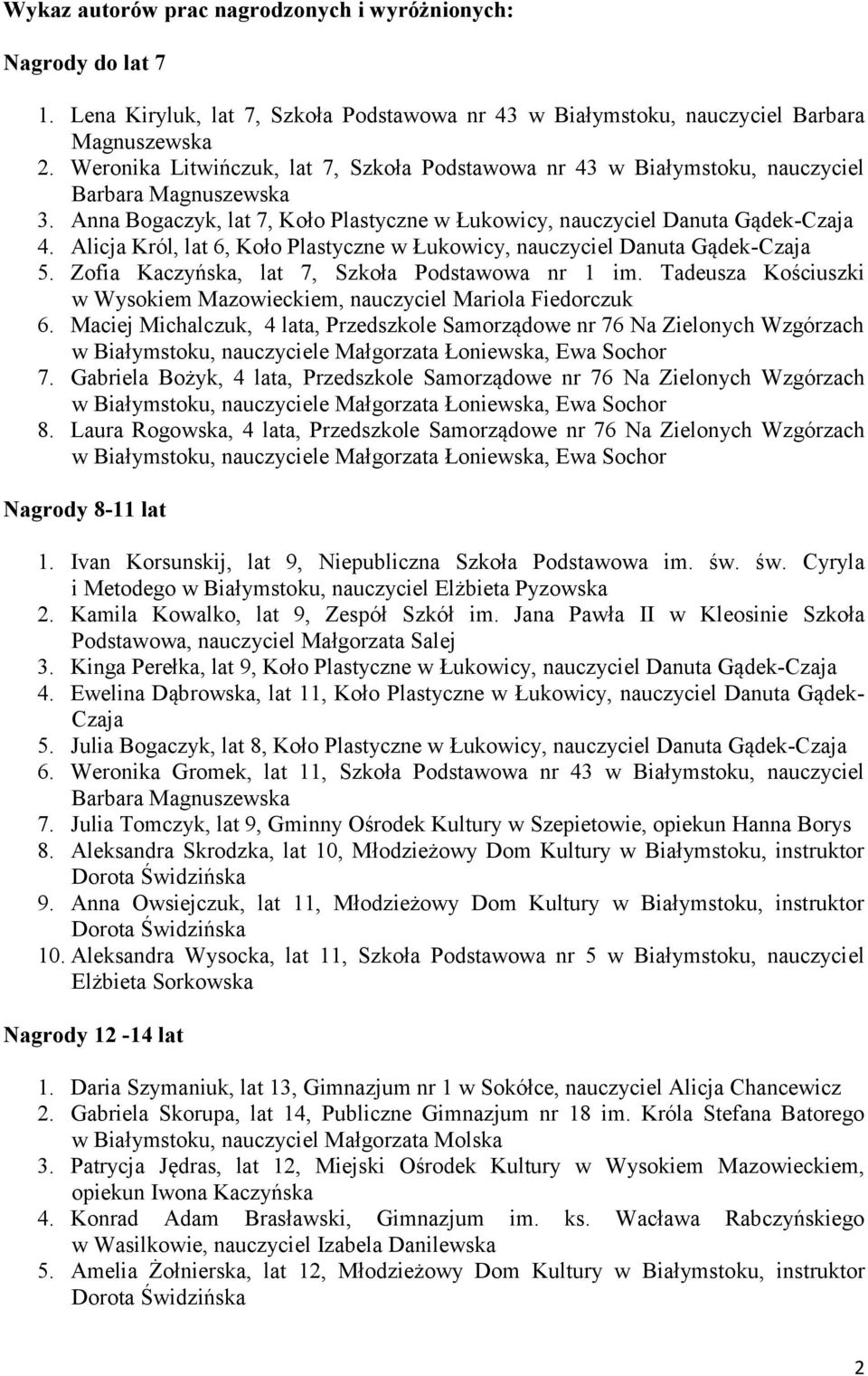 Alicja Król, lat 6, Koło Plastyczne w Łukowicy, nauczyciel Danuta Gądek-Czaja 5. Zofia Kaczyńska, lat 7, Szkoła Podstawowa nr 1 im.